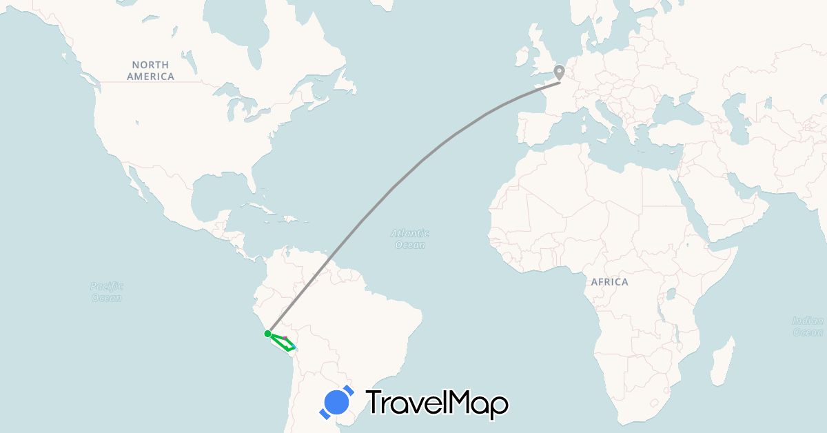 TravelMap itinerary: bus, plane, train, hiking, boat in France, Peru (Europe, South America)